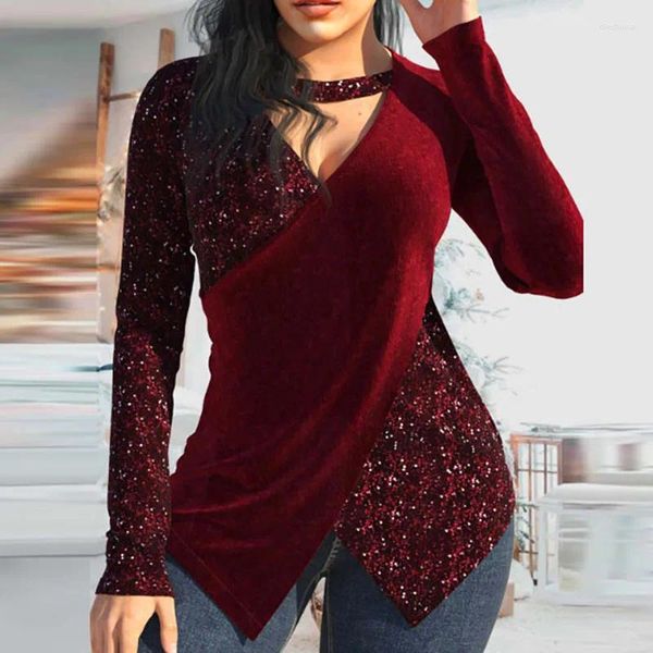 Blusas de mujer Sexy con cuello en V Halter con huecos Irregular Mujer Primavera Terciopelo Empalme Lentejuela Camisa brillante Otoño Manga larga Slim Top Jersey