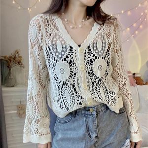 Blusas de mujer sexy hueco en V hueco de crochet Cardigan Mujeres Primavera Summer de manga larga Camisas de estilo coreano