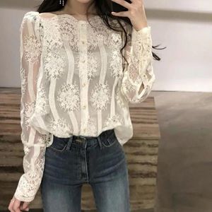 Blouses voor dames sexy V nek gaas kanten top vrouwen 2023 mode Koreaanse uitsparing blouse elegante blauwe pure pure pure mouw