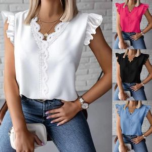 Women's Blouses Sexy V Neck Mouwess Lace Patchwork Blouse Shirts Summer Women Ruffle Loose Tops Sze-ST24019