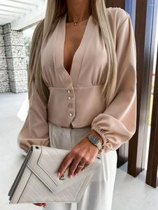 Damesblouses Sexy V-hals Damesmode Knopen Lange mouw Crop Tops Dames Elegant Zomer Kantooroverhemd Dameskleding Blusas Mujer