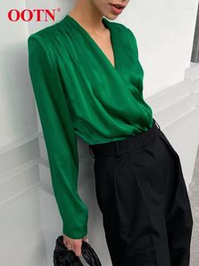 Women's Blouses Sexy White V Neck Ladies Tops 2024 Street Green Pleated Long Sleeve Woman Blouse Spring Polyester Casual Shirt Vrouw
