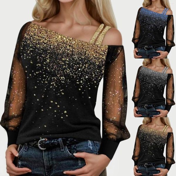 Blusas de mujer, blusa Sexy de manga larga con lentejuelas, Top para fiesta de otoño, hombros descubiertos, malla ostentosa, camisas informales transparentes para mujer, Jersey