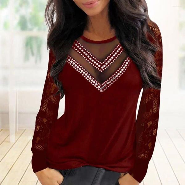 Blusas de mujer Camisa sexy para mujer Cuello redondo Blusa de encaje de malla transparente Ropa de discoteca Patchwork de diamantes de imitación Top de manga larga de color puro