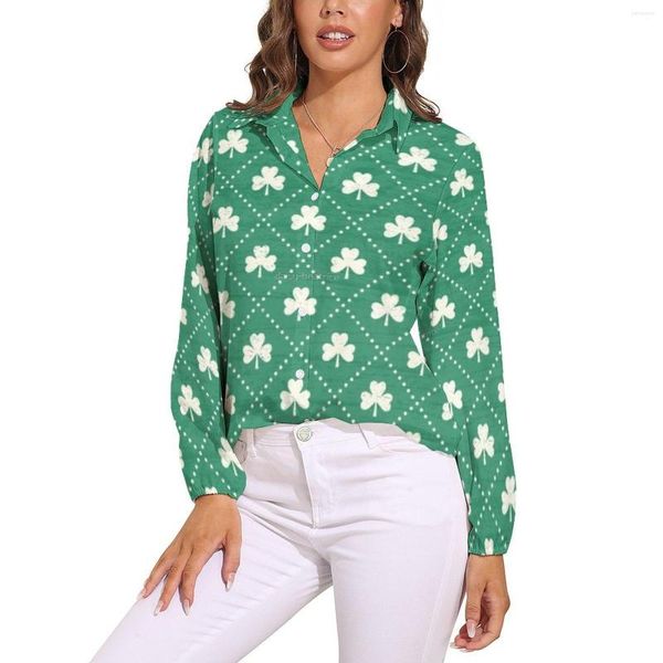 Blusas de mujer, blusa con patrón de trébol, estampado de puntos a cuadros, camisa informal Retro personalizada para mujer, Top de manga larga de otoño de gran tamaño