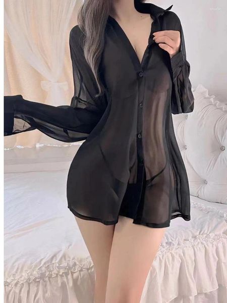 Blouses pour femmes pure romantique col en V bouton décoration amusant sexy en mousseline de soie style petit ami dos fendu sangle épicée fille tentation PPF2