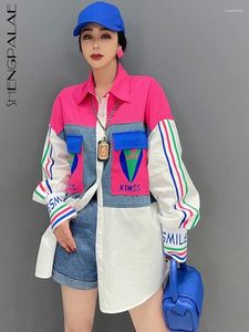 Blouses Femmes SHENGPALAE Patchwork Couleur-Blocage Chemise Manteau Femmes Mode Coréenne À Manches Longues Blouse Minoritaire Y2k Vêtements 2024 Printemps