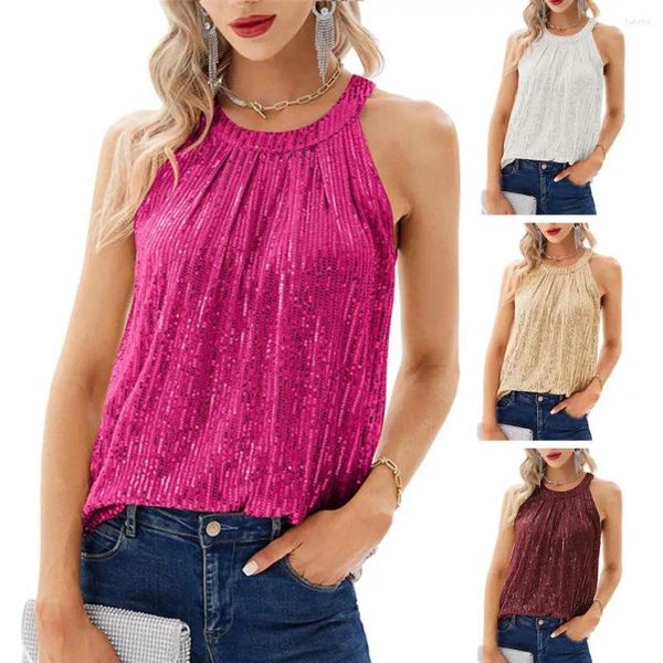 Blusas de mujer con cuello Halter brillante, blusa sin mangas con cuello de lentejuelas y hombros descubiertos, ropa de fiesta brillante para discoteca con suave y transpirable