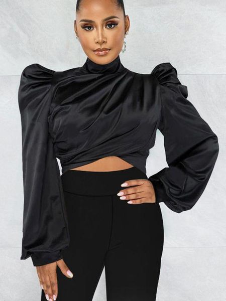 Blouses Femmes Brillant Satin Crop Tops Chemise Pour Femmes 2023 Dressy Col Haut Manches Longues Croix Couture Soirée Soirée Vêtements De Soirée