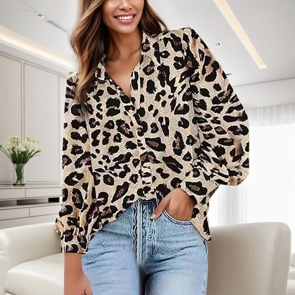 Chemise de chemisiers pour femmes 2024 printemps d'été fashion léopard imprimé lanterne à manches longues top top v cou de cou polyvalent décontracté
