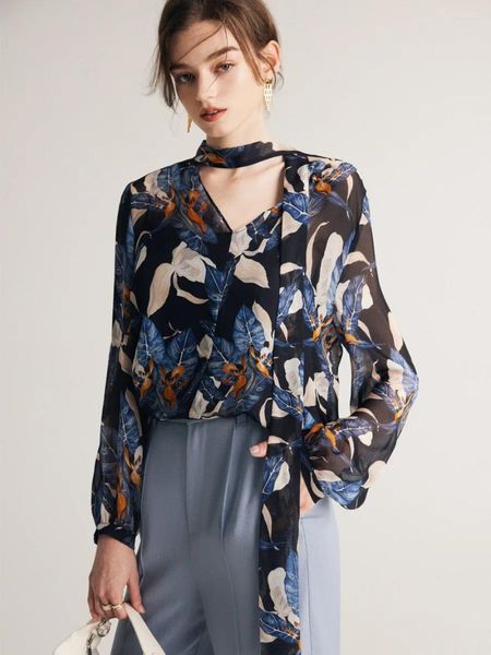 Camisa de blusas para mujeres 2024 primavera/verano micro transparente seda estampada chifón francesa mulberry manga larga