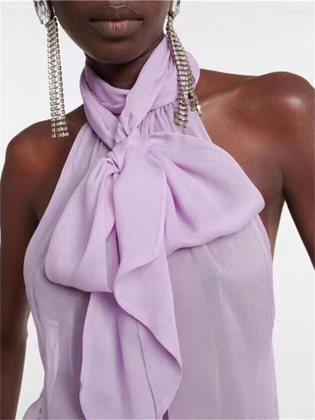T-shirt sans manches à col avec nœud floral pour femme, chemisier en tissu confortable de qualité supérieure, à la mode, été 2024