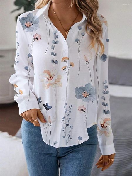 Blusas de mujer Camisa Blusa Floral Blanco Amarillo Rosa Estampado Botón Manga larga Casual Vacaciones Moda Cuello Ajuste Primavera Otoño