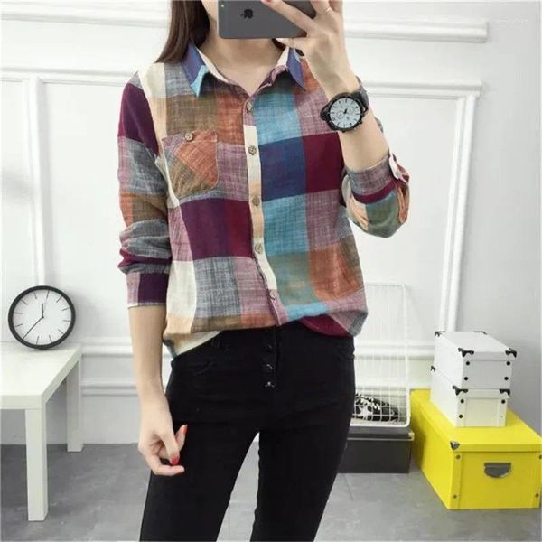 Blouses pour femmes chemise chemisier Style coréen printemps automne à manches longues simple boutonnage Imitation coton lin haut à carreaux 2024