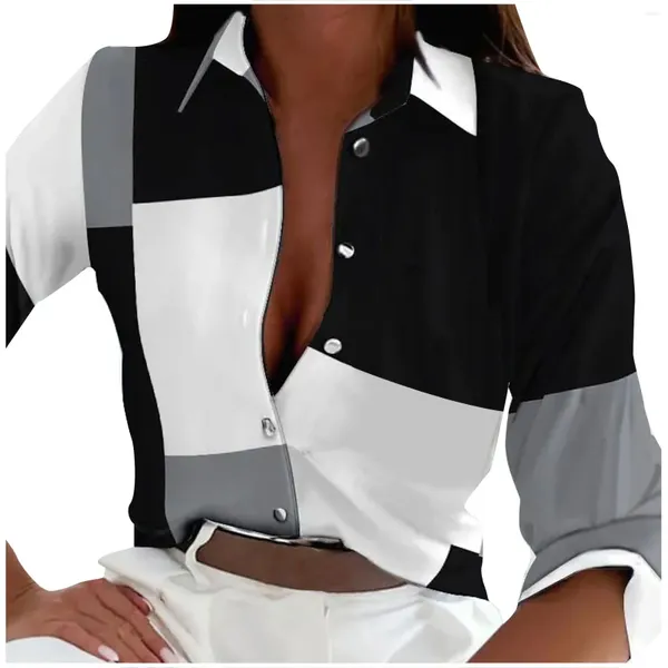 Boderas de mujeres Camisa a prueba de la solapa blanca blanca abstractor botón de blusa de blusa larga