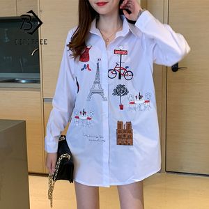 Damesblouses Overhemd Geborduurd Lange witte blouse Button Up Turn Down Collar Full Sleeve Shirt Toren Kat Fiets Casual Feminina Top T96415F 230106