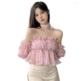 Bluzki damskie Koszula Kwiatowy nadruk Koreańska wersja Off Shoulder Slim Puff Bluzka z krótkim rękawem