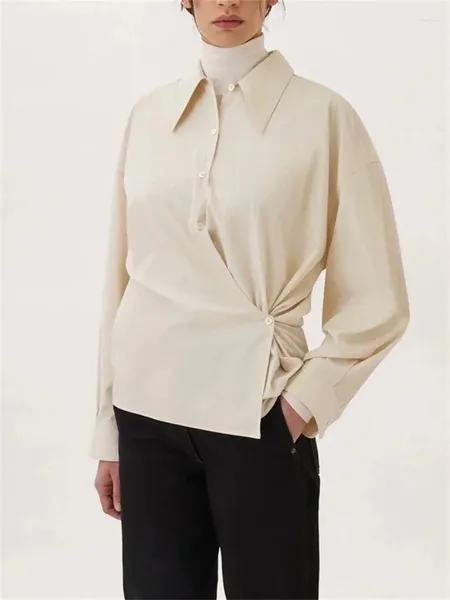 Chemisiers pour femmes, chemise pour dames, mélanges de soie, patte diagonale asymétrique, couleur unie, col rabattu, chemisier enveloppé Vintage, 2024