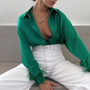 Women's Blouses Shirt For Woman Party 2023 Spring Summer Women Fashion Elegant Long Sleeve Splited Feathers Solid Ladies Tops Silk Satin