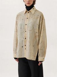 Damesblouses Shirt Voor Vrouwen 2024 Lente Zijsplit Afdrukken Turn-Down Kraag Single Breasted Losse Vintage Lange Mouw blouse