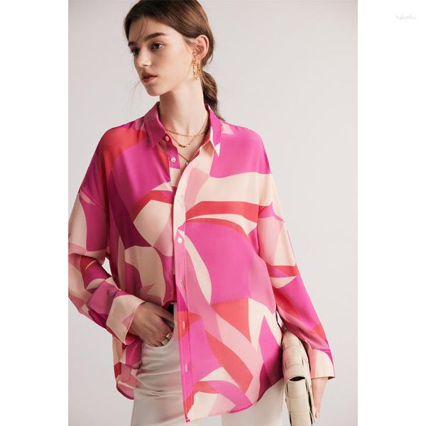 Camisa de blusas para mujeres Mulberry Silk Blusa Geométrica Patrón geométrico Manga larga Rose Roja Impresión Fina Fina Elegante Mujeres