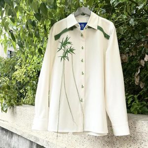 Damesblouses Overhemd Vintage Chinese stijl Bamboe Gedrukt Satijn Lange mouw Losse top Casual ronde hals Damestops