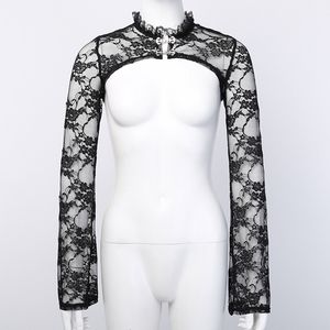 Chemisiers pour femmes chemise Vintage Flare à manches longues mince boléro volants col montant dentelle florale haussement d'épaules sexy transparent noir cardigan haut 230314