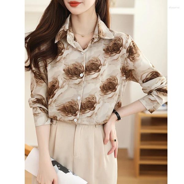 Blusas para mujer Camisa Tops para mujer Primavera 2024 Vintage Office Lady Manga larga suelta Estampado floral Camisas de cuello alto con un solo pecho para mujer