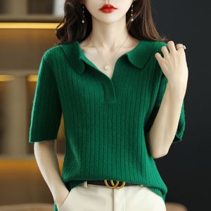 Chemisiers pour femmes Chemises 100 Laine mérinos Polo à manches courtes en tricot Couleur unie Pull confortable Vert T-shirt en vrac pour les femmes 230223