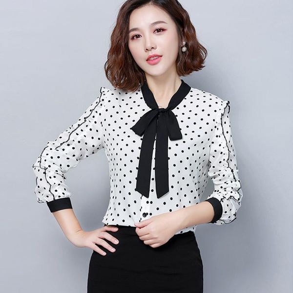 Blouses Femmes Chemises 2021 Automne Mode Polka Dot Élégant Chemisier En Mousseline De Soie Chemise Femmes Volants À Manches Longues Blanc Noir Femme Tops Kor