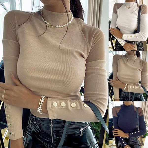 Blusas de mujer camisas 2021 otoño primavera Casual mujer Blusa Sexy botones cuello tortuga Blusa de manga larga malla transparente Patchwork Pullov