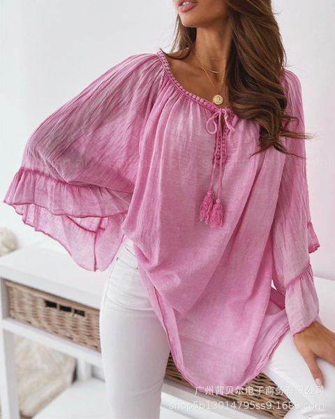 Blusas de mujer Camisas 2021 Blusa de manga larga para mujer, Blusa de gasa de encaje con manga de trompeta irregular rosa