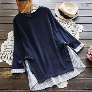 Blusas de mujer Camisas 2021 Tallas grandes Primavera Mujeres Casual O Cuello Blusa de manga larga Blusas Moda Rayas Patchwork Pajarita Camisa suelta V