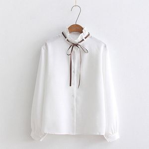 Dames Blouses Shirts 2021 Lente Autumn Casual Bow Collar Lange Mouw Single Breasted Plus Size White Pink Blue