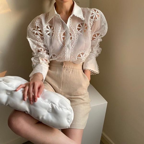 Blouses pour femmes chemises 2021 été Sexy Perspective blanc organza Blouse femmes dentelle broderie creux à manches longues Blusas haute qualité hauts