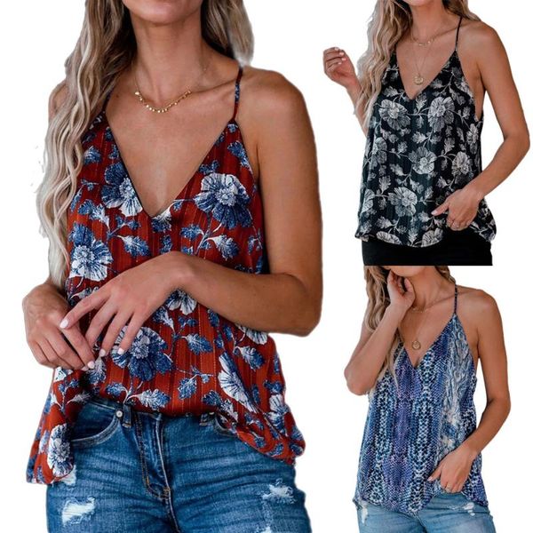 Blusas para mujer, camisas, verano 2021, blusa Floral sin mangas con cuello de pico para mujer, Tops holgados informales, chaleco para mujer