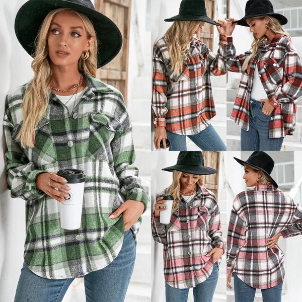 Blusas para mujer, camisas 2021, camisa cálida de manga larga, blusa para mujer, chaqueta de cuadros holgada de felpa gruesa con una sola botonadura, prendas de vestir para Otoño e Invierno para mujer