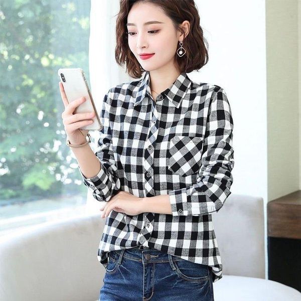 Chemisiers pour femmes chemises 2021 femmes excellente qualité rouge Plaid noir blanc classique décontracté à manches longues chemise hauts dame vêtements 5XL