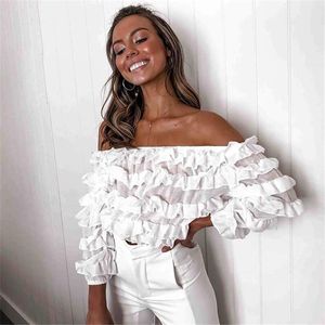 Damesblouses Overhemden 2021 Dames Blouse met pofmouwen Doorschijnend perspectief Ruche-overhemd Off-shoulder OL High Street Casual Lace Blusas T