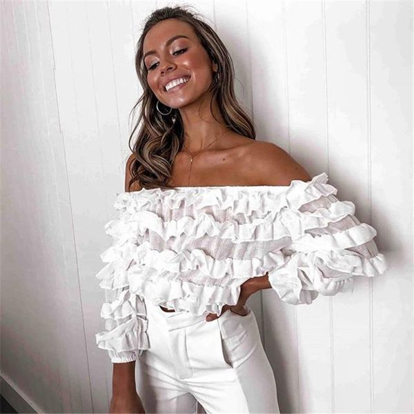 Chemisiers pour femmes Chemises 2021 Chemisier à manches bouffantes pour femmes Sheer Perspective Frill Ruffle Shirt Off Shoulder OL High Street Casual Lace Blusas T