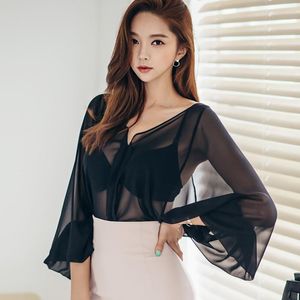 Dames Blouses Shirts 2022 Merk Vrouwen Shirt V-hals Batwing Mouw Sexy Oversized Black Blouse Transparante Zomer Top Blusa Mujer Chemise