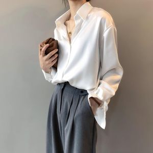 Blouzen voor dames shirts 2022 chic casual losse popelin shirt vrouwelijk temperamen zijden blouse vrouwen elegante Koreaanse massieve kleur oversized top