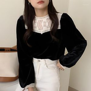 Blouses pour femmes Chemises 2022 Mode coréenne Élégant O Cou Dentelle Crochet Couture Hit Couleur Lâche À Manches Longues Chemise En Velours Femme Tops Femmes