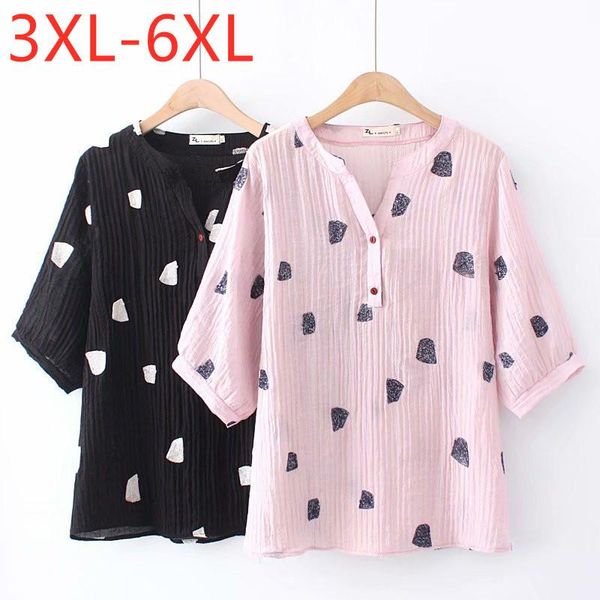 Blusas para mujer Camisas 2022 Señoras Verano Tallas grandes Tops para mujeres Blusa grande Manga corta Lino Pliegue Rosa Negro Camisa estampada 3XL 4XL 5XL