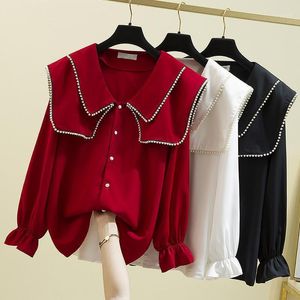Damesblouses Shirts 2022 Lente Plus Size Dubbellaags Parel Pop Kraag Shirt Top Womens Corset Blouse