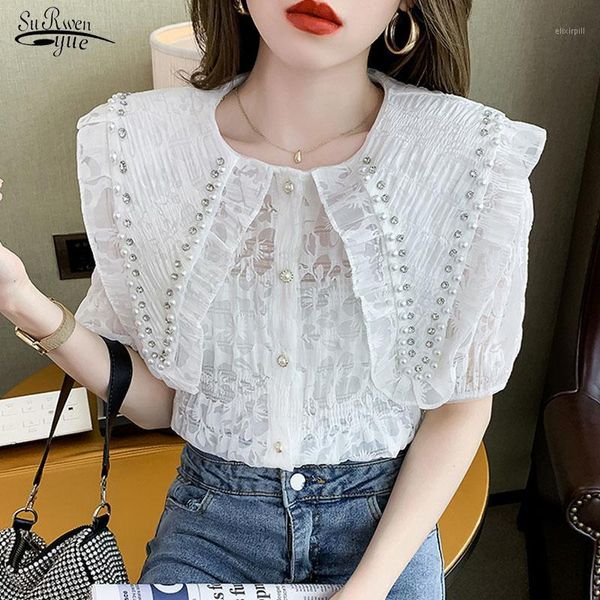 Blusas de mujer camisas 2022 verano Casual suelta rebordear encaje camisa moda coreana blanco en relieve chica delgada mujeres Tops Chic Blusas 15246