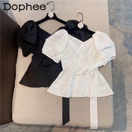 Dames Blouses Shirts 2022 Zomer Retro Bladerdeeg Korte Mouw Overhemd voor Vrouwen Kant Boog Slanke Taille V-hals Blouse Vrouwelijke Tops Blusas Para Mujer