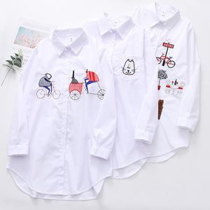 Blusas de mujer, camisas 2022, blusa de manga larga blanca bordada con dibujos animados para mujer, blusa con botones y cuello vuelto, Tops de oficina para mujer, ropa C447