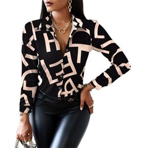 Dames Blouses Shirts 2022 Dames Mode Shirt Lady Long Sleeve Blouse Turn-Down Collarbutton Design Print Casual