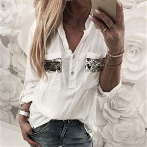 Dames Blouses Shirts 2022 Dames Witte Blouse Lange Mouw Button-Down Low Cut Sequined Casual Shirt Tops Fashion Clothes Blusa